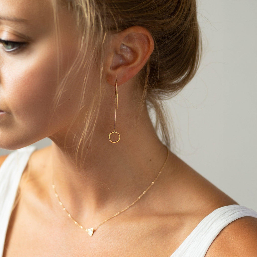 Gold Filled Threader Earrings: Long Circle Drop, Dainty Handmade Jewelry