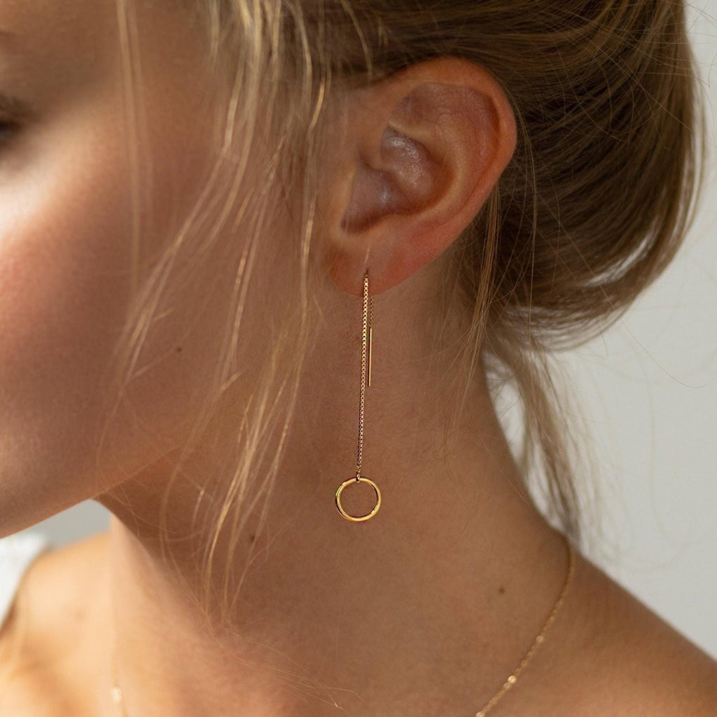 Gold Filled Threader Earrings: Long Circle Drop, Dainty Handmade Jewelry